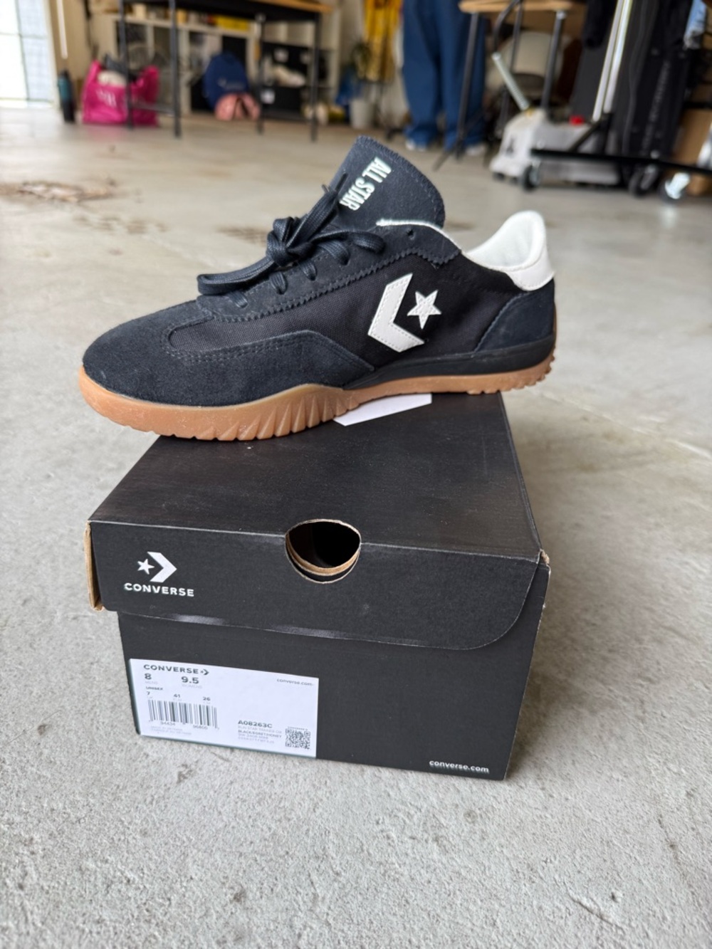 Converse Men’s Black Suede Low-Top Sneakers with White Heel and Gum Sole